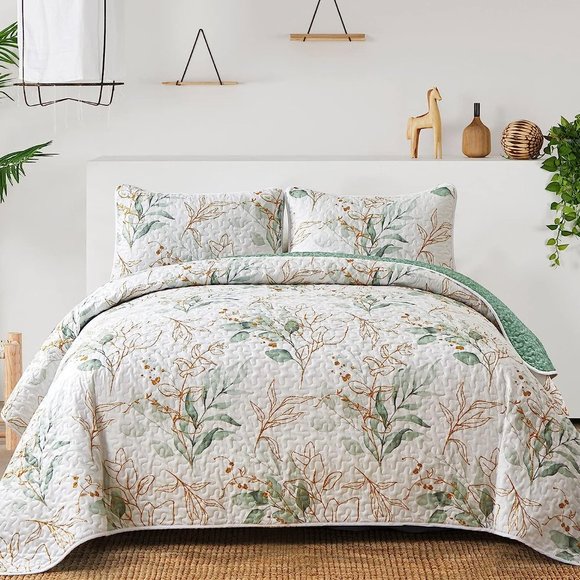 New Green & Gold Leaves 3-Piece Bedding Quilt Set • Reversible • KING - Picture 1 of 10